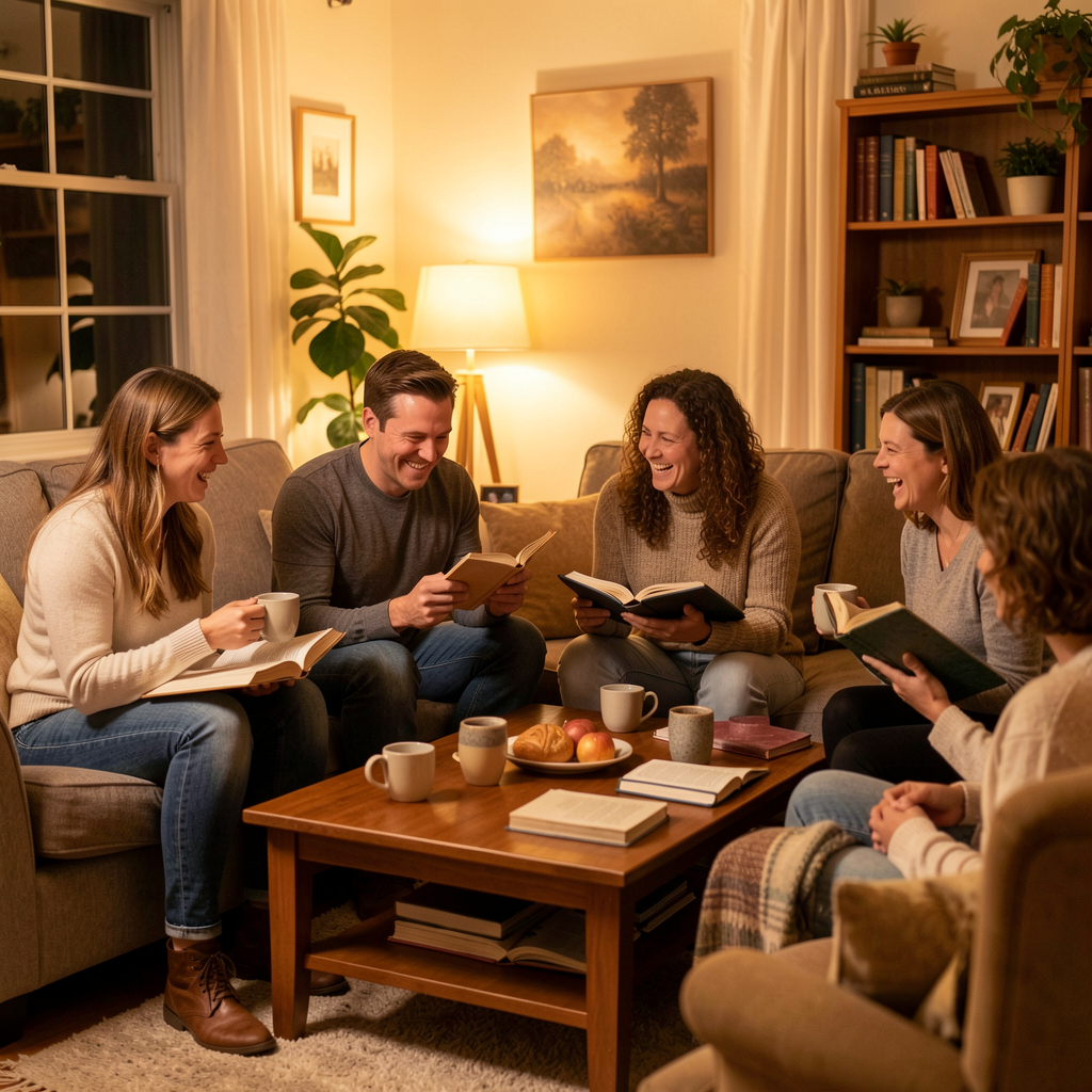 Adults gathered in a living room for a small group